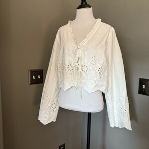 H&M Cream Ruffled Tie Front Blouse with Bib Collar